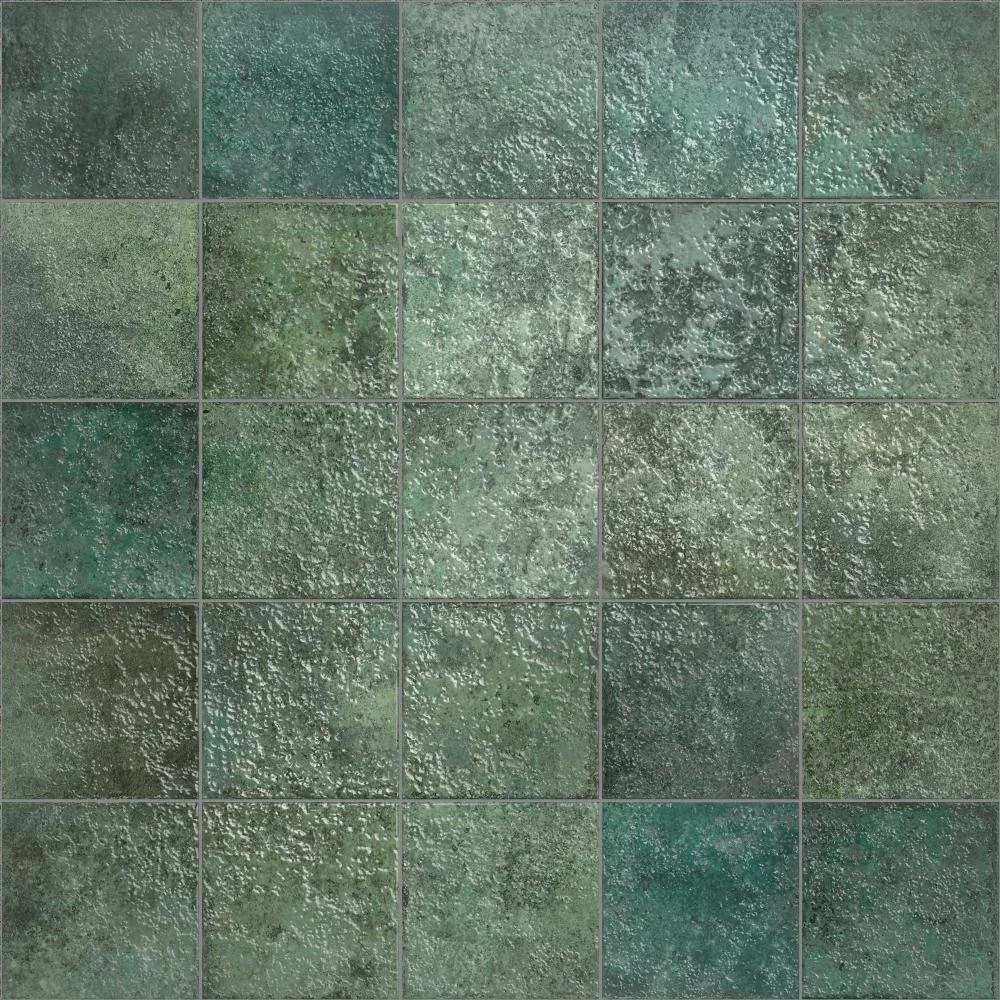 Bali stone-inspired ceramic tile in green, grey and blue tones