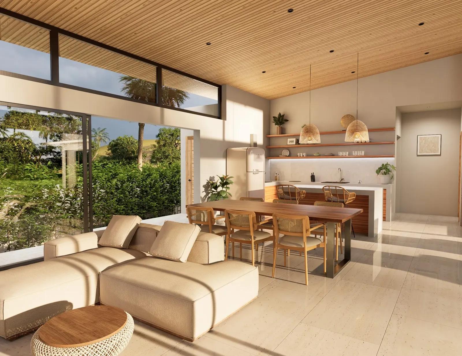 Modular linen sofa in the main living space, framed by floor-to-ceiling windows onto the tropical garden