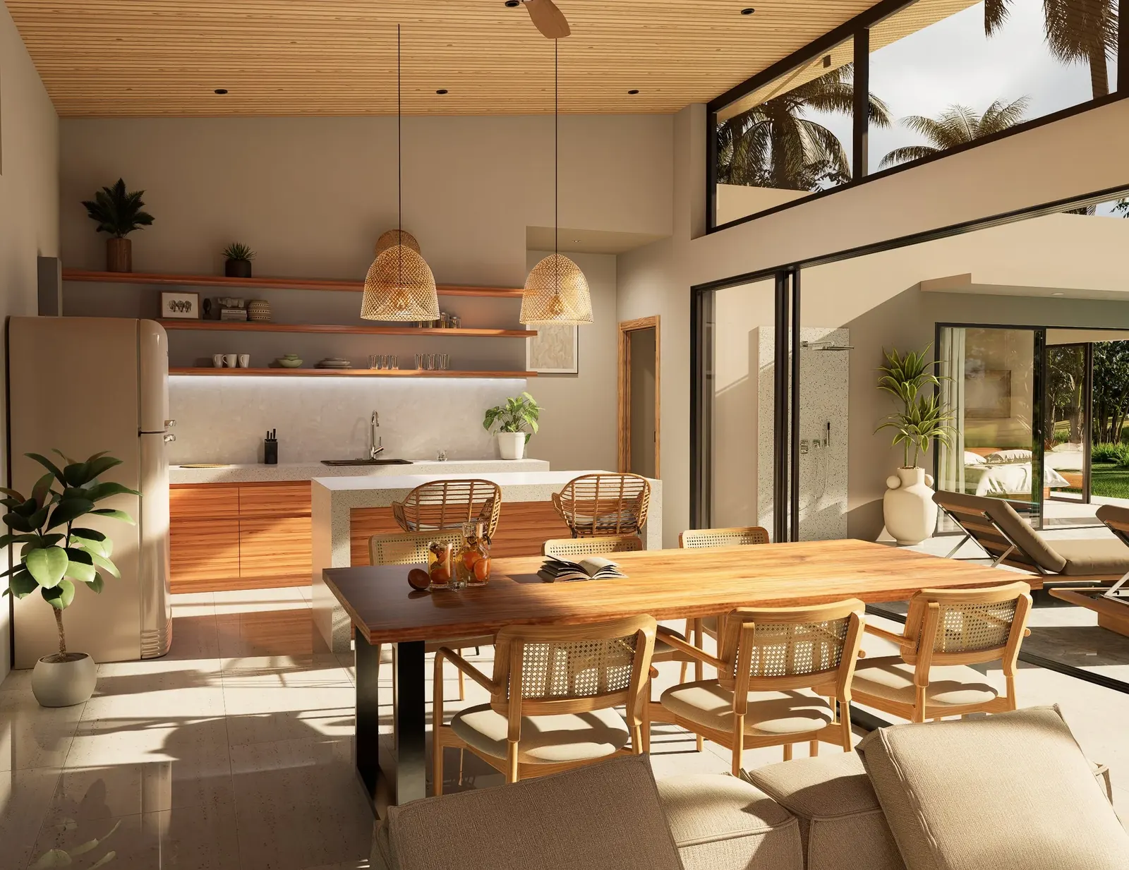 Galley kitchen in warm wood and terrazzo, opening through sliding doors to the pool deck and palm-framed garden