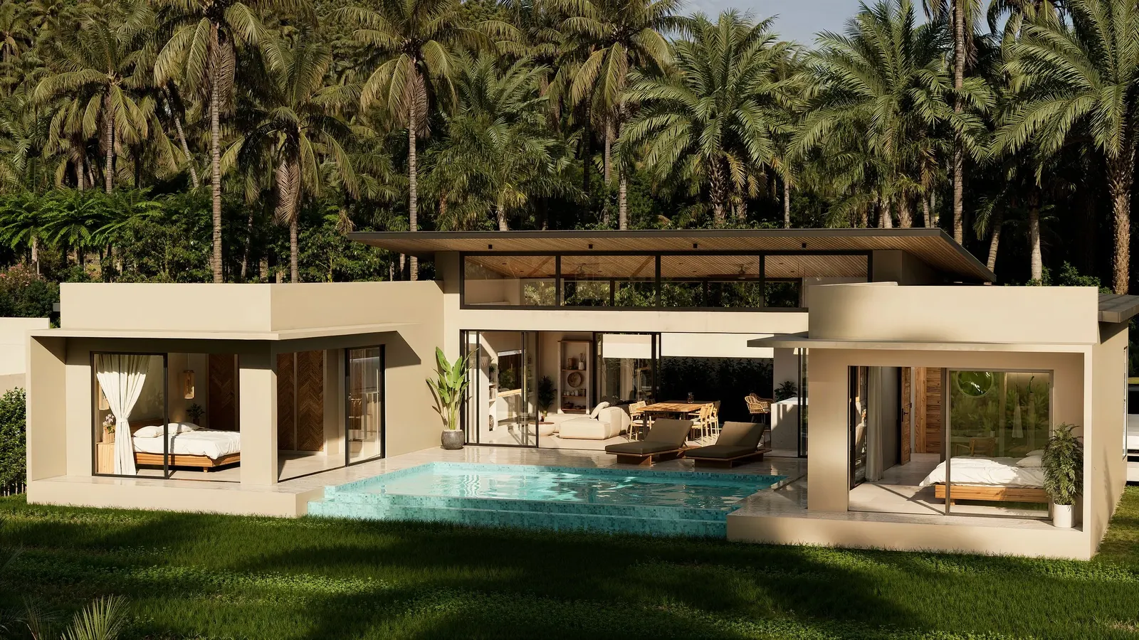 Open-plan living and dining area flowing to a covered terrace with sun loungers and an outdoor rain shower