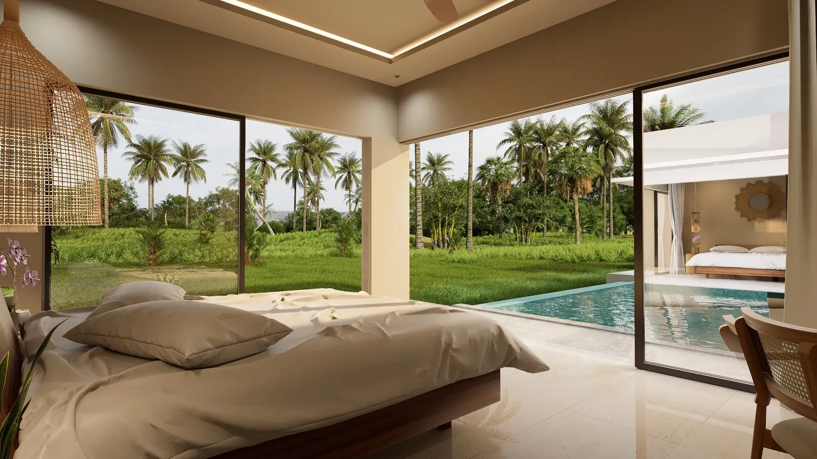 Villa interior opening onto the pool deck, with dining table, rattan chairs, and poolside loungers beyond