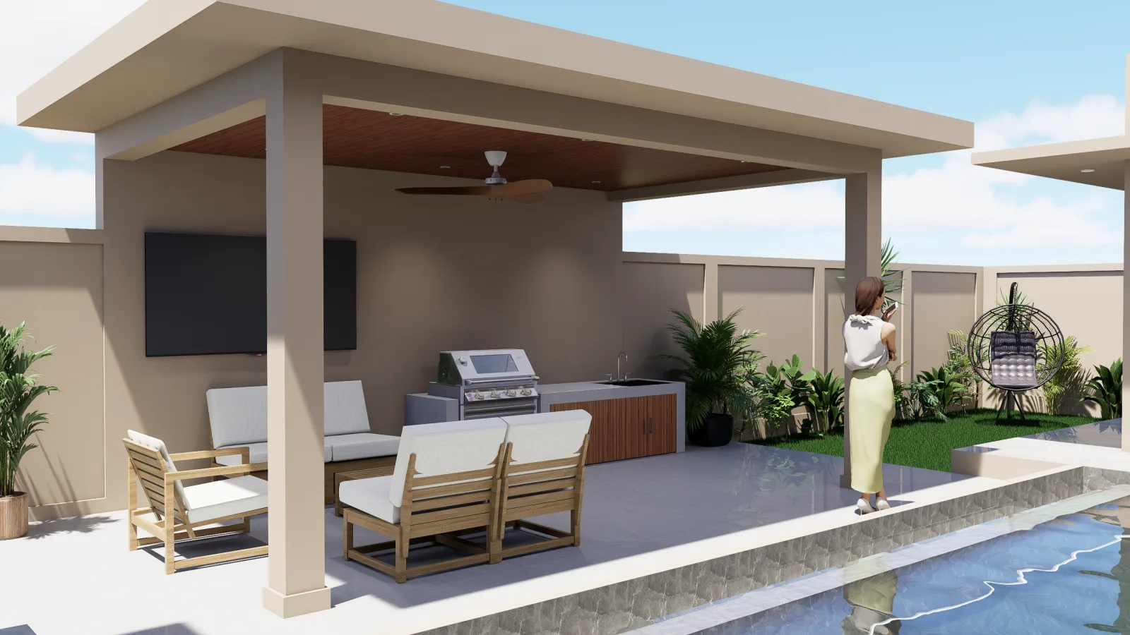 Sala with view through to the perimeter wall