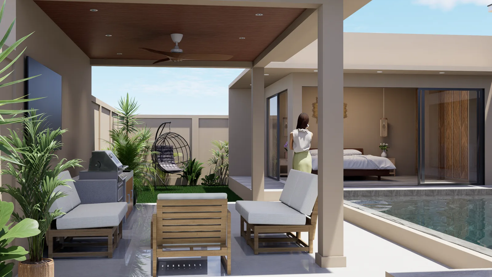 Sala interior — lounge area between pool and garden